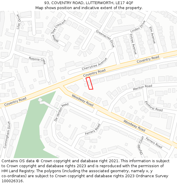93, COVENTRY ROAD, LUTTERWORTH, LE17 4QF: Location map and indicative extent of plot