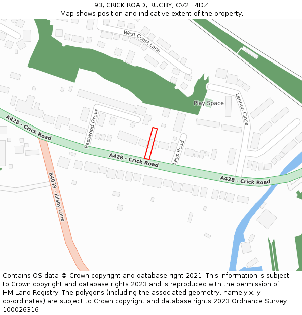 93, CRICK ROAD, RUGBY, CV21 4DZ: Location map and indicative extent of plot