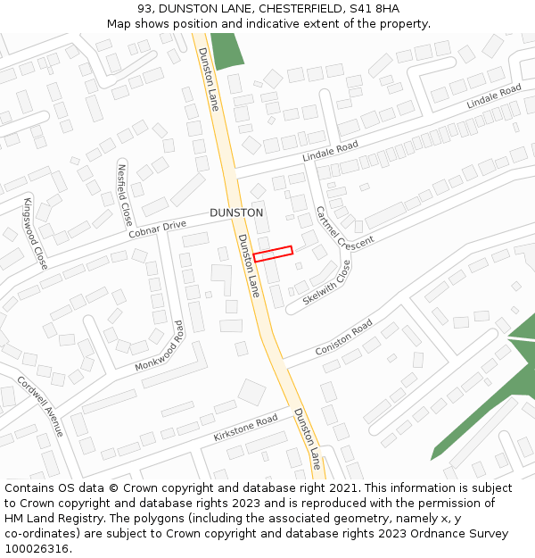 93, DUNSTON LANE, CHESTERFIELD, S41 8HA: Location map and indicative extent of plot