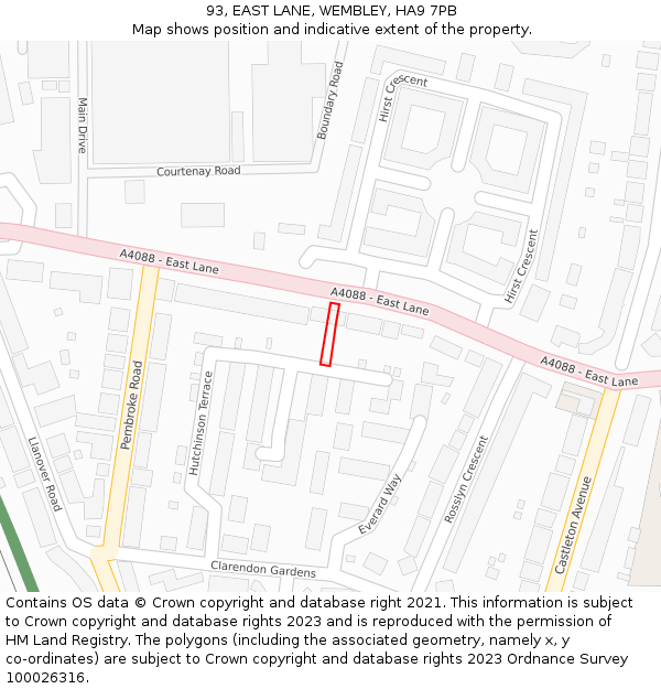 93, EAST LANE, WEMBLEY, HA9 7PB: Location map and indicative extent of plot