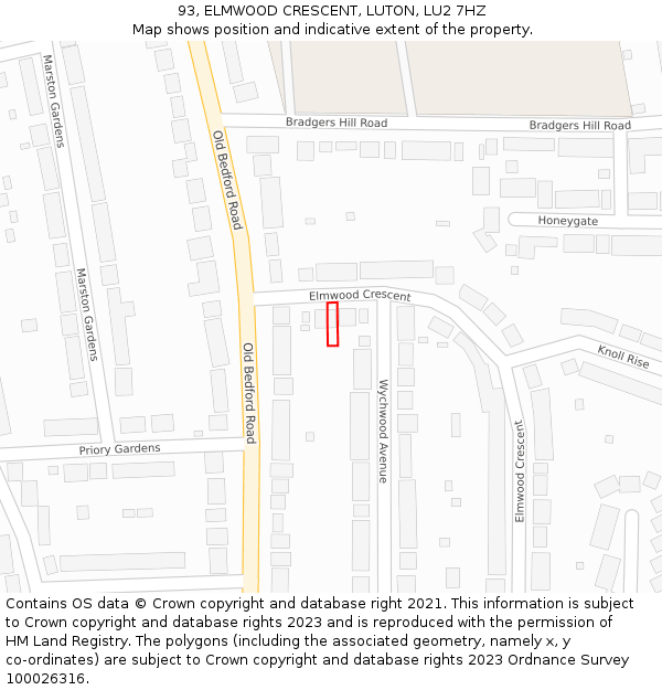 93, ELMWOOD CRESCENT, LUTON, LU2 7HZ: Location map and indicative extent of plot