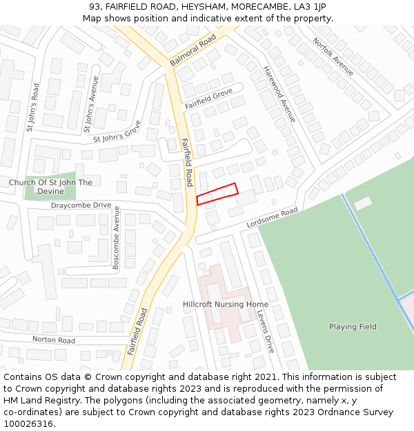 93, FAIRFIELD ROAD, HEYSHAM, MORECAMBE, LA3 1JP: Location map and indicative extent of plot