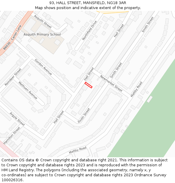 93, HALL STREET, MANSFIELD, NG18 3AR: Location map and indicative extent of plot