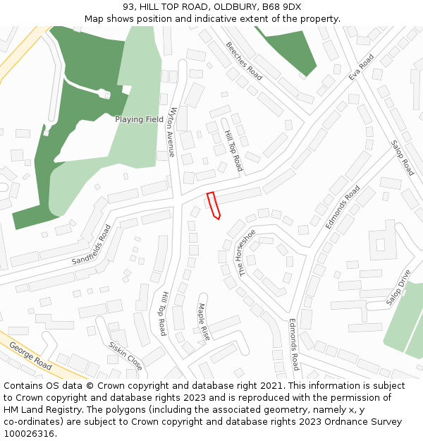 93, HILL TOP ROAD, OLDBURY, B68 9DX: Location map and indicative extent of plot
