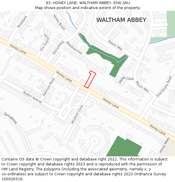 93, HONEY LANE, WALTHAM ABBEY, EN9 3AU: Location map and indicative extent of plot