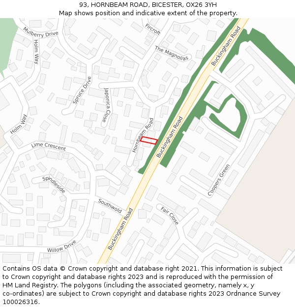 93, HORNBEAM ROAD, BICESTER, OX26 3YH: Location map and indicative extent of plot