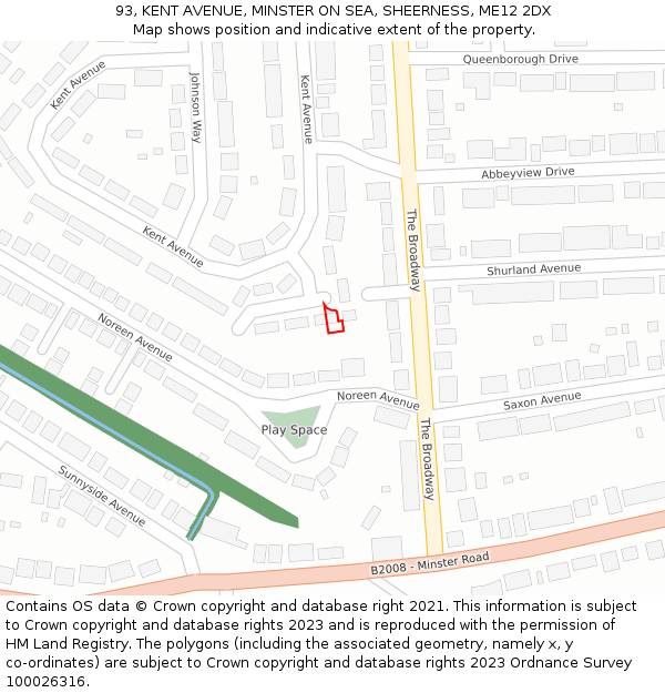 93, KENT AVENUE, MINSTER ON SEA, SHEERNESS, ME12 2DX: Location map and indicative extent of plot
