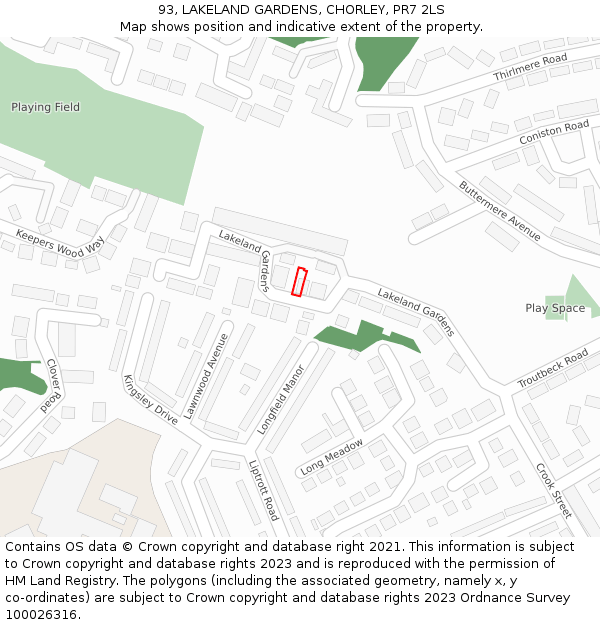 93, LAKELAND GARDENS, CHORLEY, PR7 2LS: Location map and indicative extent of plot