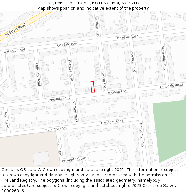93, LANGDALE ROAD, NOTTINGHAM, NG3 7FD: Location map and indicative extent of plot