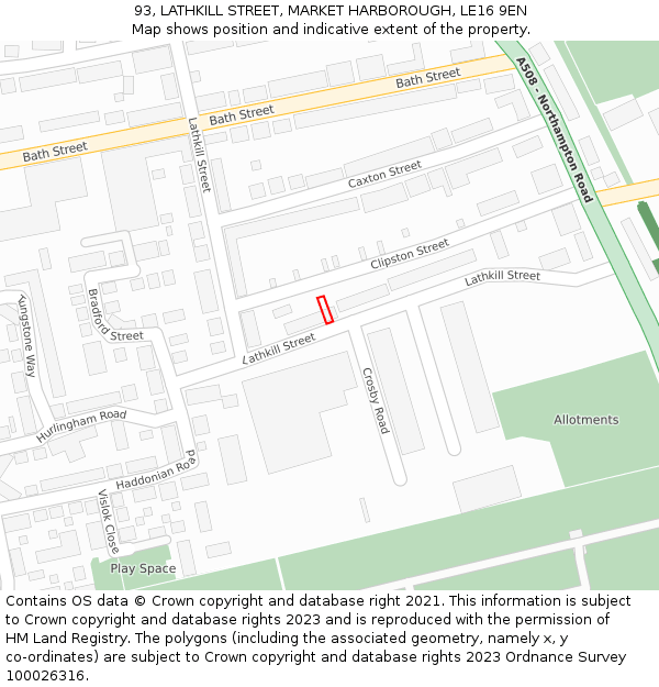 93, LATHKILL STREET, MARKET HARBOROUGH, LE16 9EN: Location map and indicative extent of plot