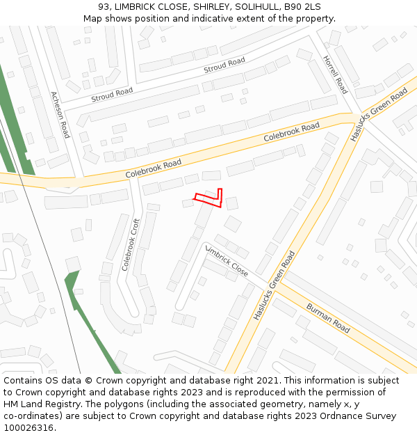 93, LIMBRICK CLOSE, SHIRLEY, SOLIHULL, B90 2LS: Location map and indicative extent of plot