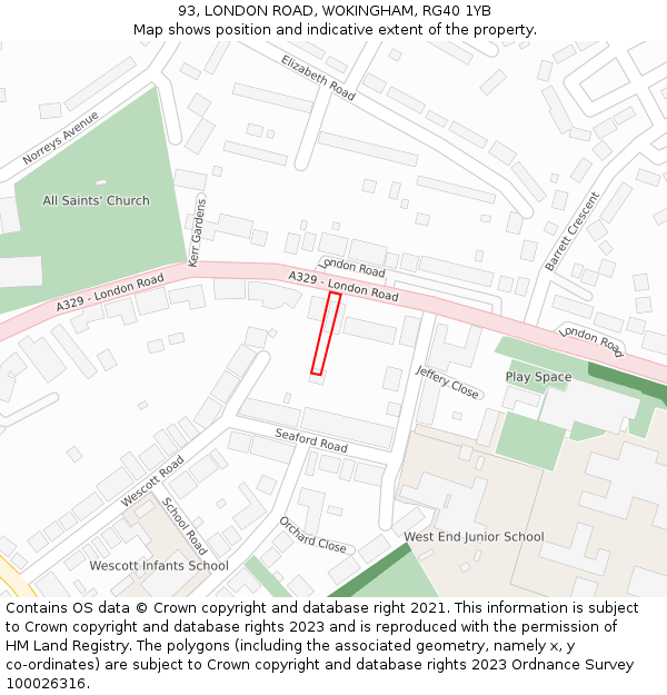 93, LONDON ROAD, WOKINGHAM, RG40 1YB: Location map and indicative extent of plot