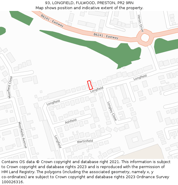 93, LONGFIELD, FULWOOD, PRESTON, PR2 9RN: Location map and indicative extent of plot
