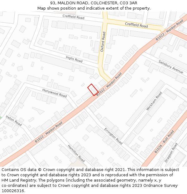 93, MALDON ROAD, COLCHESTER, CO3 3AR: Location map and indicative extent of plot