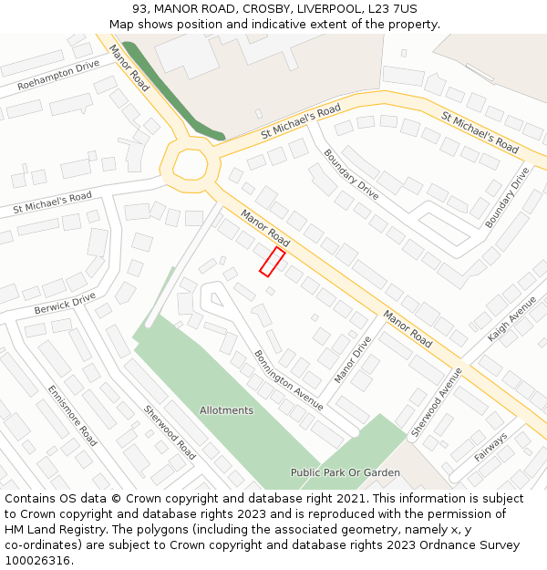 93, MANOR ROAD, CROSBY, LIVERPOOL, L23 7US: Location map and indicative extent of plot