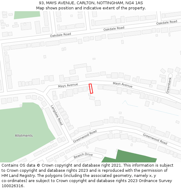 93, MAYS AVENUE, CARLTON, NOTTINGHAM, NG4 1AS: Location map and indicative extent of plot