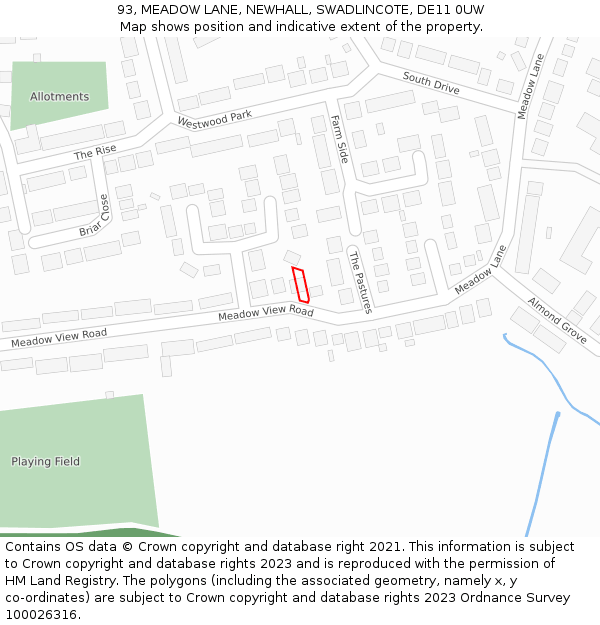 93, MEADOW LANE, NEWHALL, SWADLINCOTE, DE11 0UW: Location map and indicative extent of plot