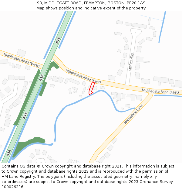 93, MIDDLEGATE ROAD, FRAMPTON, BOSTON, PE20 1AS: Location map and indicative extent of plot