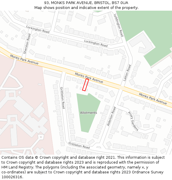 93, MONKS PARK AVENUE, BRISTOL, BS7 0UA: Location map and indicative extent of plot