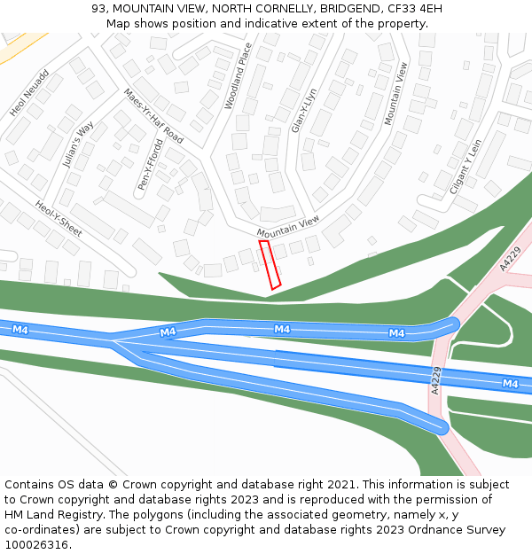 93, MOUNTAIN VIEW, NORTH CORNELLY, BRIDGEND, CF33 4EH: Location map and indicative extent of plot