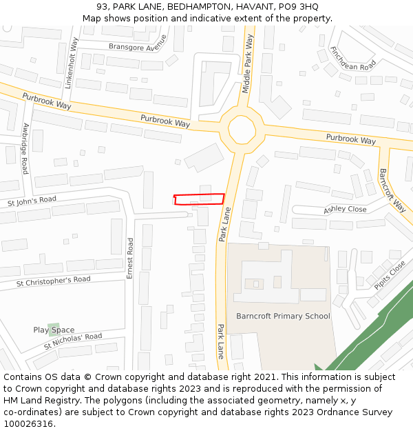 93, PARK LANE, BEDHAMPTON, HAVANT, PO9 3HQ: Location map and indicative extent of plot