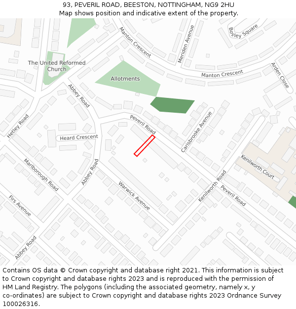 93, PEVERIL ROAD, BEESTON, NOTTINGHAM, NG9 2HU: Location map and indicative extent of plot