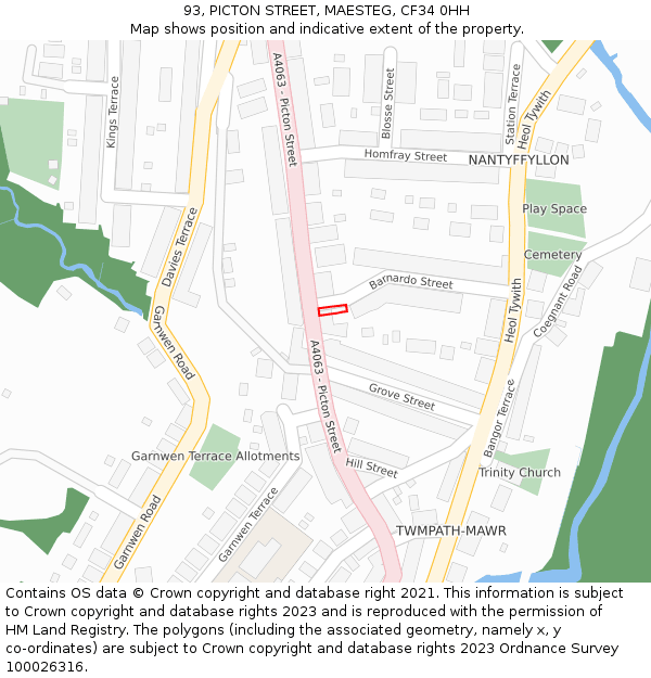 93, PICTON STREET, MAESTEG, CF34 0HH: Location map and indicative extent of plot