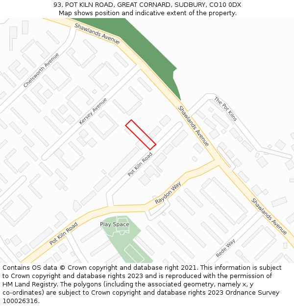 93, POT KILN ROAD, GREAT CORNARD, SUDBURY, CO10 0DX: Location map and indicative extent of plot
