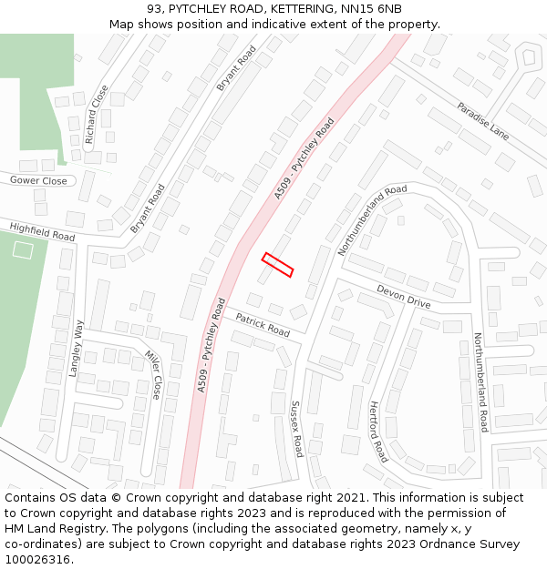 93, PYTCHLEY ROAD, KETTERING, NN15 6NB: Location map and indicative extent of plot
