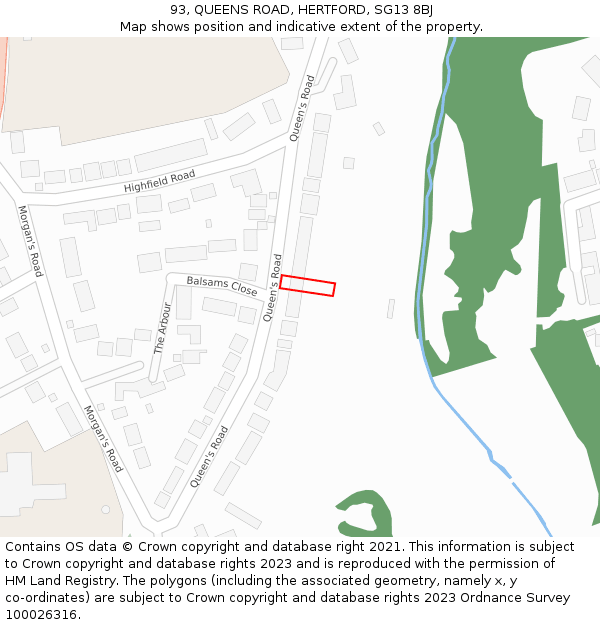 93, QUEENS ROAD, HERTFORD, SG13 8BJ: Location map and indicative extent of plot