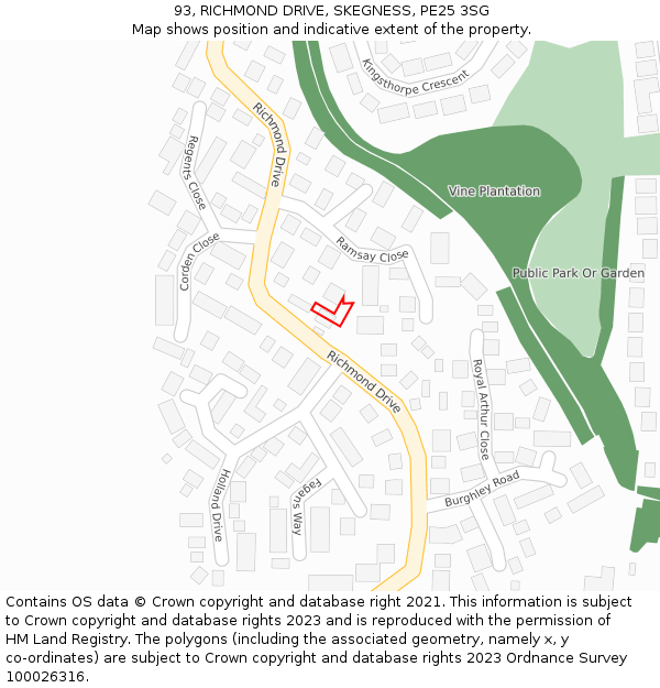 93, RICHMOND DRIVE, SKEGNESS, PE25 3SG: Location map and indicative extent of plot