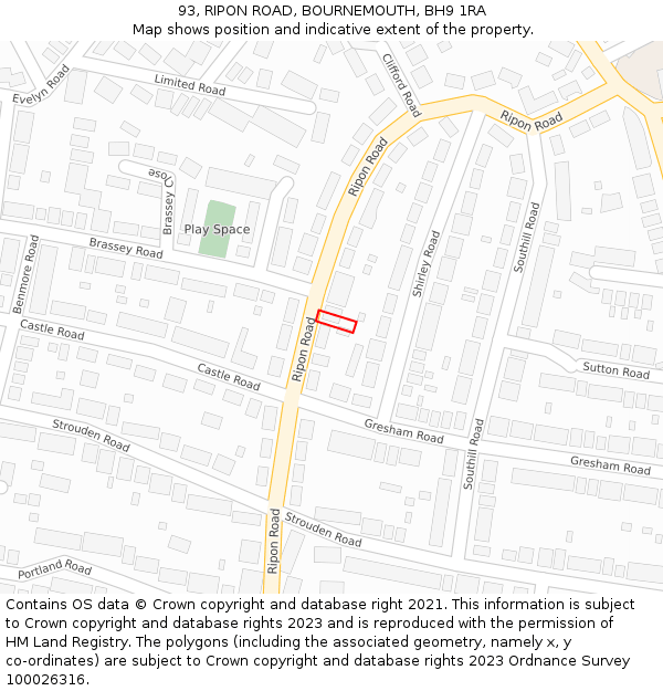 93, RIPON ROAD, BOURNEMOUTH, BH9 1RA: Location map and indicative extent of plot