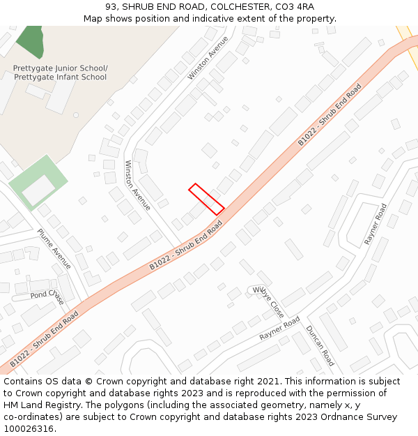 93, SHRUB END ROAD, COLCHESTER, CO3 4RA: Location map and indicative extent of plot