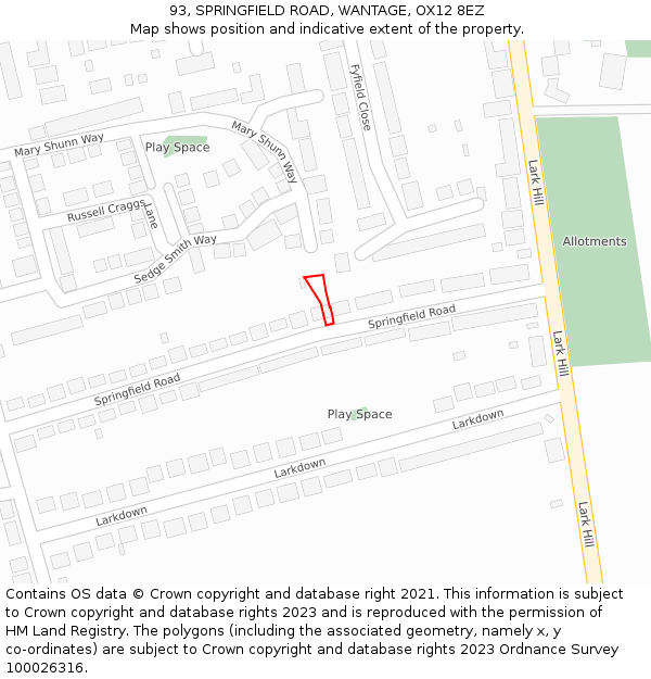 93, SPRINGFIELD ROAD, WANTAGE, OX12 8EZ: Location map and indicative extent of plot