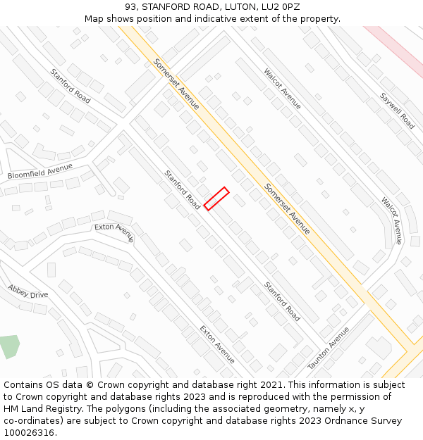 93, STANFORD ROAD, LUTON, LU2 0PZ: Location map and indicative extent of plot