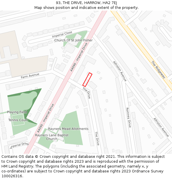 93, THE DRIVE, HARROW, HA2 7EJ: Location map and indicative extent of plot