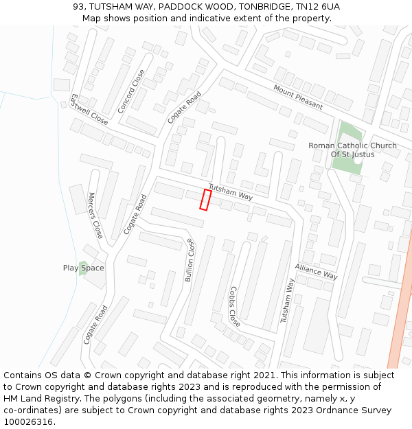 93, TUTSHAM WAY, PADDOCK WOOD, TONBRIDGE, TN12 6UA: Location map and indicative extent of plot