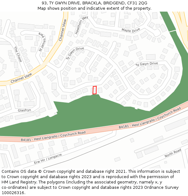 93, TY GWYN DRIVE, BRACKLA, BRIDGEND, CF31 2QG: Location map and indicative extent of plot