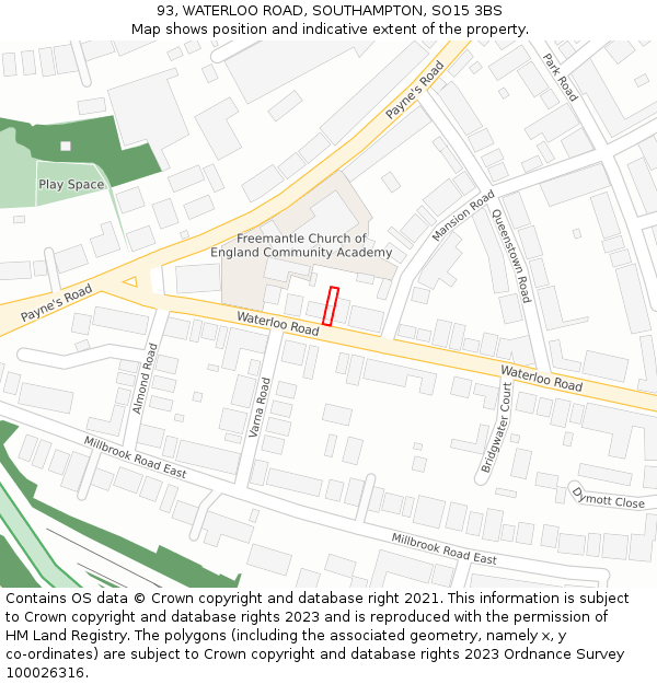 93, WATERLOO ROAD, SOUTHAMPTON, SO15 3BS: Location map and indicative extent of plot