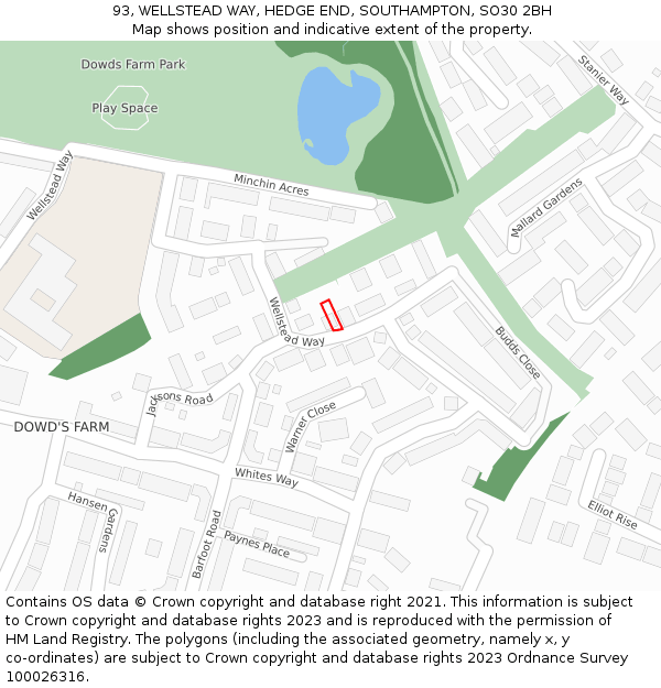 93, WELLSTEAD WAY, HEDGE END, SOUTHAMPTON, SO30 2BH: Location map and indicative extent of plot