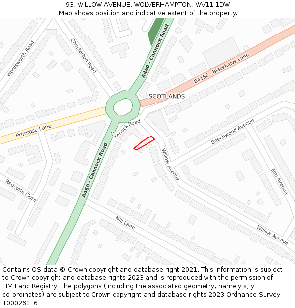93, WILLOW AVENUE, WOLVERHAMPTON, WV11 1DW: Location map and indicative extent of plot