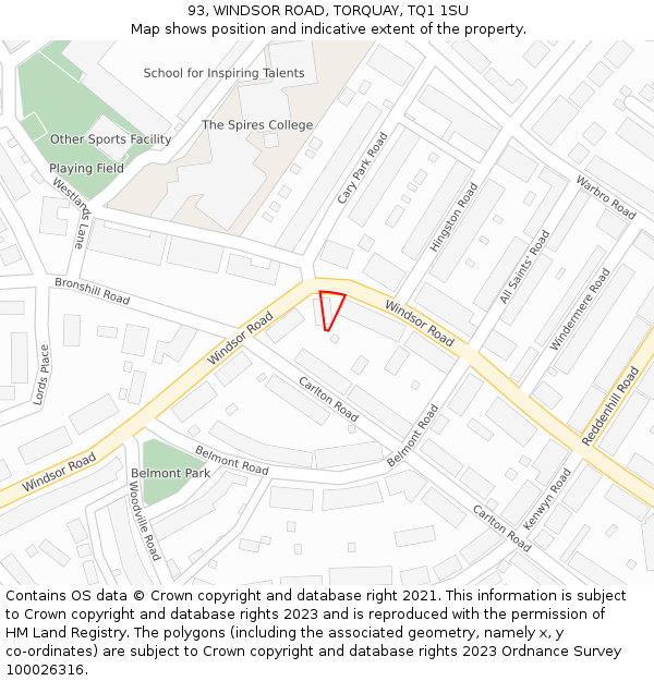93, WINDSOR ROAD, TORQUAY, TQ1 1SU: Location map and indicative extent of plot