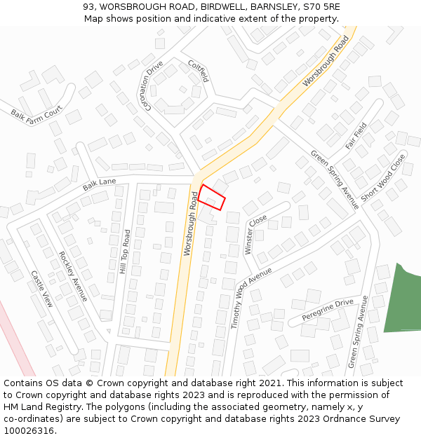 93, WORSBROUGH ROAD, BIRDWELL, BARNSLEY, S70 5RE: Location map and indicative extent of plot