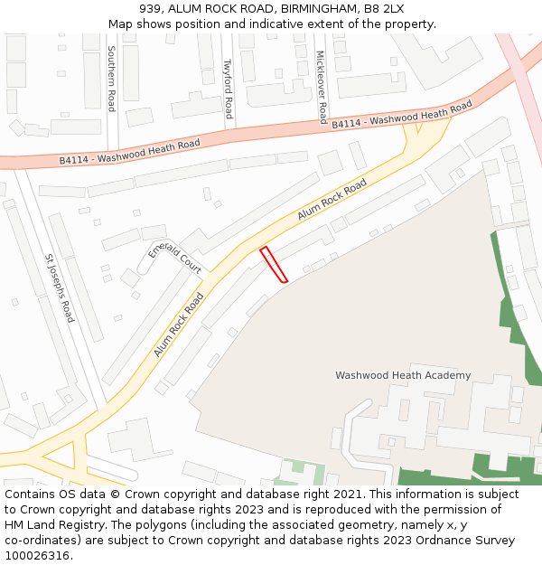 939, ALUM ROCK ROAD, BIRMINGHAM, B8 2LX: Location map and indicative extent of plot