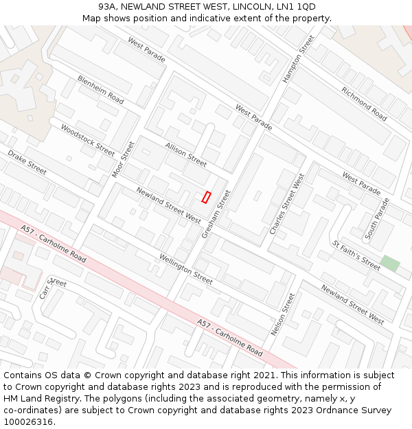 93A, NEWLAND STREET WEST, LINCOLN, LN1 1QD: Location map and indicative extent of plot