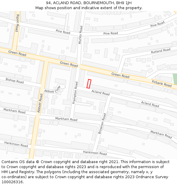 94, ACLAND ROAD, BOURNEMOUTH, BH9 1JH: Location map and indicative extent of plot
