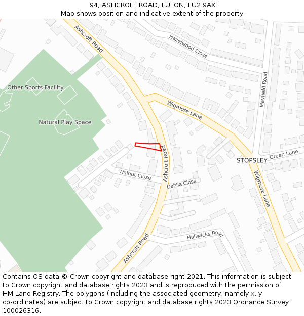 94, ASHCROFT ROAD, LUTON, LU2 9AX: Location map and indicative extent of plot