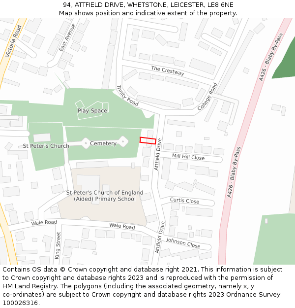 94, ATTFIELD DRIVE, WHETSTONE, LEICESTER, LE8 6NE: Location map and indicative extent of plot