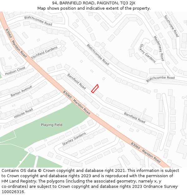 94, BARNFIELD ROAD, PAIGNTON, TQ3 2JX: Location map and indicative extent of plot