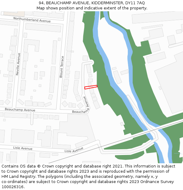 94, BEAUCHAMP AVENUE, KIDDERMINSTER, DY11 7AQ: Location map and indicative extent of plot
